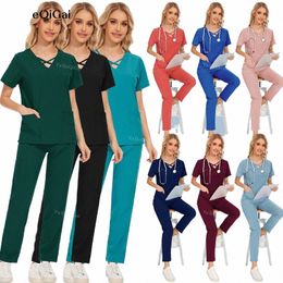 medical Scrubs Pocket Tops Straight Pants Scrubs Women Set Nursing Uniforms Beauty Sal Workwear Doctor Nurse Clinical Workwear R2pY#