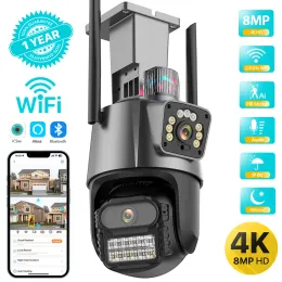 CCTV Lens 8MP 4K Wifi Camera Dual Lens Dual Screen Outdoor Wifi PTZ Camera HD AI Auto Tracking 4MP Video Surveillance Police Light Alarm