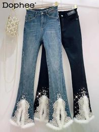 Women's Jeans Exquisite Rhinestone Stitching Brushed Women 2024 All Winter High Waist Slimming Bell-Bottom Pants Female
