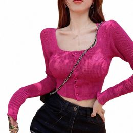 women Autumn Lg Sleeve Sweater Square Neck Slim Crop Top Female Winter Korean Solid Short Butt Knitted Tops Chic Sweaters m7wB#