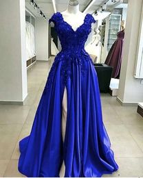 New Royal Blue Satin A Line High Split Prom Dresses V Neck Lace Appliques Beaded Plus Size African Black Girls Evening Party Gowns BC