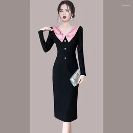 Casual Dresses French Elegant Spring Office Ladies Pencil Dress Vintage Women Pink Large Lapel Collar Diamonds Button Bodycon Split Clothes