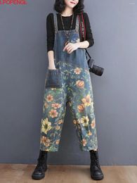 Women's Jeans Fashion Denim Print Overalls Spring Summer 2024 Loose Pockets Streetwear Patchwork Washed Harem Straight Jumpsuit