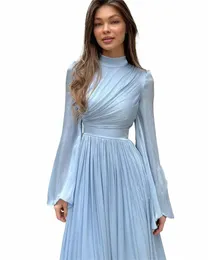 high Collar Chiff Evening Dr A-line Sky Blue Prom Dr Lg Sleeves Pleated Formal Ocn Evening Dres For Women e3q4#