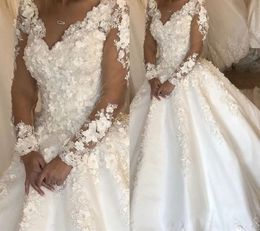 2024 Gorgeous A-Line Wedding Dress V-neck Long Sleeves 3D Flowers Lace Bridal Bride Gowns Sweep Train Vestido De Novias Robe De Mariage