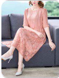 Party Dresses 2024 Pink Embroidered O Neck Short Sleeve Summer Dress Women Elegant Simple Slim Casual Vestidos