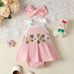 Baby Girls Summer Romper Dress Infant Clothes Sleeveless Flower Embroidery Ribbed Jumpsuit Headband for born 240322