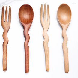 Disposable Flatware 1Pcs Wooden Handle Tea Spoon Wavy Shape Solid Wood Fork Dessert Restaurant Small Soup Kitchen Tableware