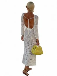 wsevypo Backl Tie Up Knit Crochet Beach Lg Dr Women Fall Spring Hollow-Out O-Neck Wrap Bodyc Dr Holiday Party Wear 98cv#