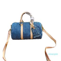 Women's shoulder bag denim pillow genuine leather handbag printed and embossed with high-quality craftsmanship