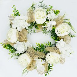 Decorative Flowers 45cm White Hydrangea Wreath Door Hanging Simulation Artificial Spring/Summer Garland For Home Garden Decoration