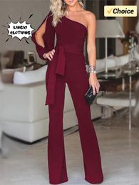 Summer Womens High Waist Tie Up Solid Color Slim Fit Sexy Jumpsuit Slant Shoulder Elegant Banquet Womens Wear 240315