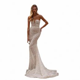 luxury Elegant Mermaid Wedding Dres For Women Sexy Lace Sparkle Applique Backl Sweep Train Formal Beach Party Bridal Gowns V9Nt#