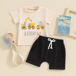 Clothing Sets Toddler Kid Baby Boys Summer Clothes Short Sleeve Letter Excavator Print Tops And Drawstring Shorts