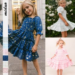 Code printed European and American children's dress lovely princess skirt square collar lantern sleeve floral plaid dress