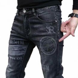high End Stylish Classic Distinctive Printed Black Stretch Denim Jeans for Men High Quality Slim Fit Stretch Luxury Denim Pants g1XM#