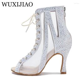 Dance Shoes Design Professional Boots Belly Latin Jazz Pole Salsa Shiny Hollow Mesh Lace-up Female High