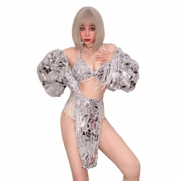 broken Sier DJ Party Female Singer Gogo Stretch Slim PU Mirror Imitati Bikini Performance Stage Costume Female C9oN#