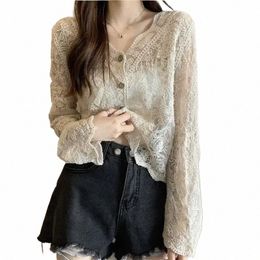 hollow Mesh Cardigan Knitwear V-neck Solid Lace Lg-sleeved Openwork Butt Bell Sleeve Top Cover-ups Blouse Women Cardigan N2ww#