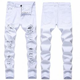 hole Denim Men's Tide Brand Ruined Hole Jeans Slim All-match High Street Hip Hop Trousers Red White Large Size 44jk#