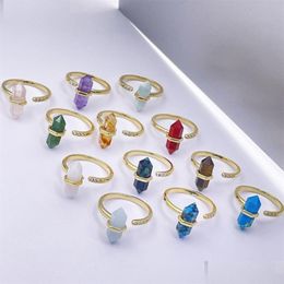 Band Rings Healing Adjustable Hexagonal Gemstone 18K Gold Plated Natural Crystal Stone Jewelry Drop Delivery Ring Dhahp
