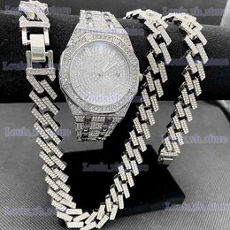 Other Watches Luxury Mens Hip Hop Jewellery Iced Out Necklace Bracelet Miama Cuban Chain Diamond for Men Gold Set dropshipping T240329
