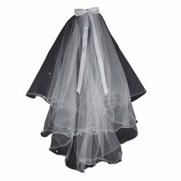 white Bridal Lace Veil with Comb Ribb 2 Tier Pearls Bride Cathedral Veil Wedding Veil Tulle Hair Accory for Women Girls z888#