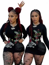 simenual Mall Gothic Carto Printed Lg Sleeve Mini Dr Casual Punk Streetwear Trim Package Hip Dres Women Basic Outfits U0j5#