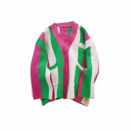 popular Pink Green Striped Color-block Knitted Cardigan Loose Greek Sorority A Sign Club Sweater Coat For Girl Women i5CS#