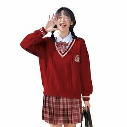 korean Knit Red Jacket Student Red Sweater Winter School Clothes Lg Sleeve Coat Girls Sweaters Japanese DK JK Uniform Pullover p47W#