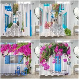 Shower Curtains Greek Street Natural Flowers Plant Blue Door Window White Architecture Modern Garden Wall Hanging Bathroom Decor