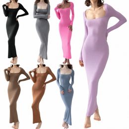 women lg dres with lg sleeve Knitted Ribbed Square Neck Dr Spring Party Club Skinny Bodyc Dr vestidos c0oe#