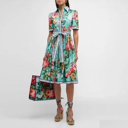 Basic Casual Dresses Womens Dress European Fashion Brand Blue Cotton Spring/Summer Rose Garden Printed Custom Button Gathered Waist La Dh0Rw