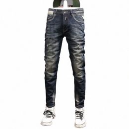 streetwear Fi Men Jeans High Quality Retro Deep Blue Stretch Slim Fit Ripped Jeans Men Vintage Designer Denim Pants Homme L1aj#