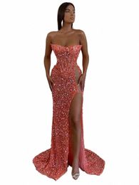 watermel Strapl Sequined Prom Dr Side Thigh Slit Sexy Corset Pearls Lg Evening Dres robe de soriee Party Gown I1Xh#