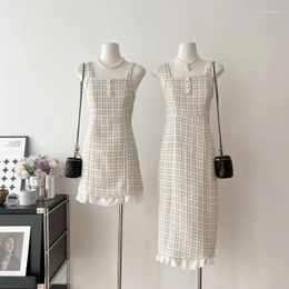 Casual Dresses Small Fragrance Plaid Vest Women Mini Dress Simple Elegant Sweet Korea Chic Waist Apricot Long Sleeveless Tweed Female