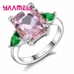 Cluster Rings Brand Green Leaf Flower Shape Crystal Pink Stone Sweet Romantic Style 925 Sterling Silver For Girl Gift