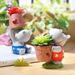 Planters Flower Pots Resin Cartoon Mr & Mrs Hippo Succulents Planter Container FlowerPot Desktop Ornament RR2261