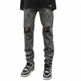 skinny Jeans Men Ripped Slim Fit Denim Pants Grey Stretch Distred Patchwork Hip Hop Streetwear Men's Clothing Moto Jeans Man X4sb#