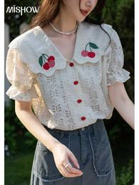 Women's T-Shirt MISHOW Fashion Blouses Doll Collar Short Sleeves Lace Shirts for Women French Embroidery Single-breasted Tops MXB25C039024329