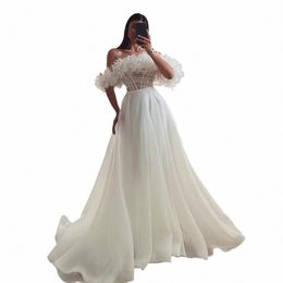 elegant Off The Shoulder Hanmade Fr Pleat Boho Beach Bridal Grown A Line Wedding Dres Custom Made 2024 Vestido De Noival 06rX#