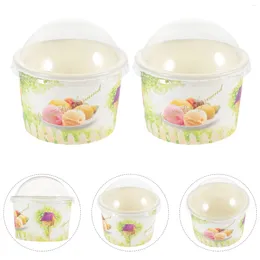 Disposable Cups Straws 50 Sets Dessert Ice Cream Pudding Packaging Paper With Lid Bowl Bowls