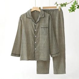 Home Clothing 2024 Spring Cotton Gauze Plaid Couple Sleepwear Set Casual Comfortable Round Neck Homewear Long Sleeves Trousers Pajamas Women