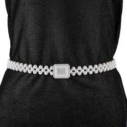 Waist Chain Belts Pearl waist chain multi-layer pearl crystal waist chain beaded elastic chain suitable for wedding dresses and long skirts Y240329