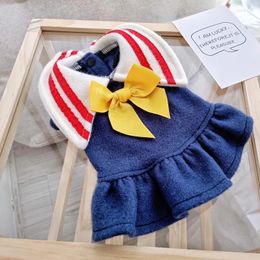 Dog Apparel Yellow Bows Blue Skirt Clothes Stripe Collar For School Style Winter Autumn Pet Outfit Cat Costumes Jacket Puppy Pomeranian