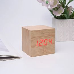 NEW 2024 Digital Alarm Clock Wooden Alarm Clock USB/Battery Powered, Mini Cube LED Digital Clock with Time/ Date/ Temperature Display