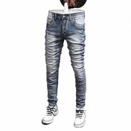 fi Designer Men Jeans Retro Light Blue Stretch Slim Fit Printed Ripped Jeans Men Hole Trousers Vintage Casual Pants Hombre v3Iv#