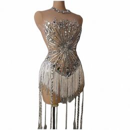 sparkly Rhinestes Sequins Fringe Dr For Women Sexy Mesh Fringe Birthday Celebrate Party Queen Show Stage Wear C27I#