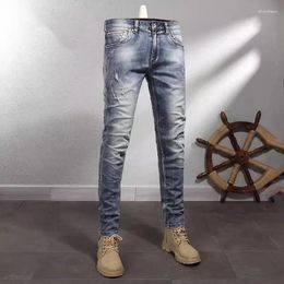 Men's Jeans Fashion Designer High-quality Retro Washed Light Blue Elastic Slim Fit Slit Casual Denim Pants