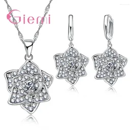 Necklace Earrings Set Shiny Crystal Flower Wedding Jewelry Accessories Pure 925 Sterling Silver Hoop Link Birthday Gifts